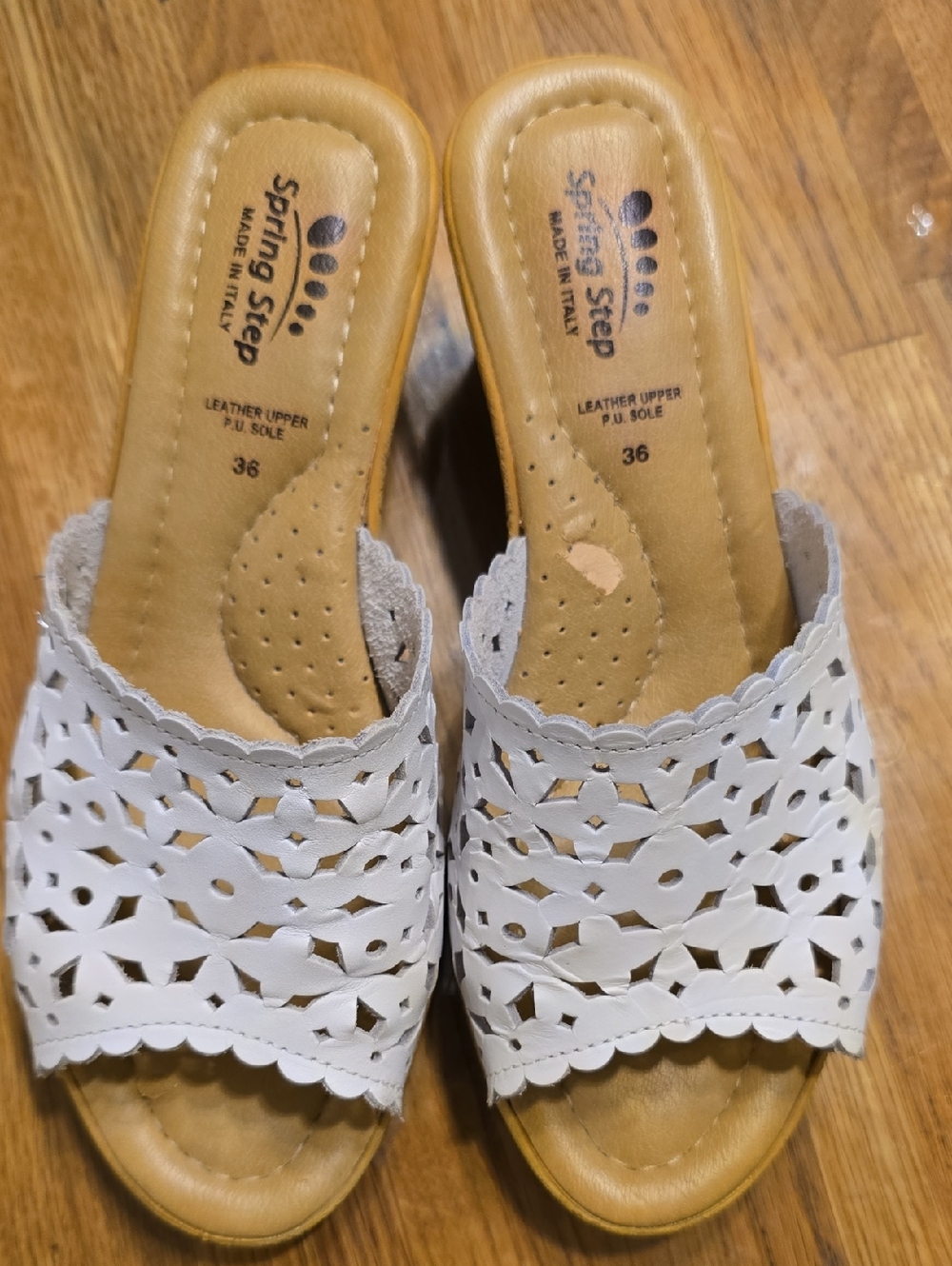 Spring Step White Laser-Cut Leather Slide Mules